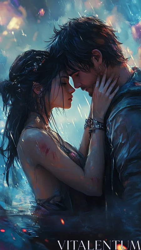 Two figures in stormy water embrace amid glowing particles.