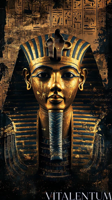 Pharaonic funerary mask render with blue gold nemes and uraeus