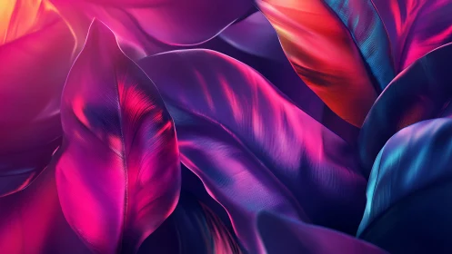 Iridescent macro foliage in neon magenta cyan gradient lighting