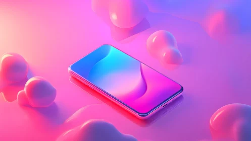 Modern smartphone on glossy surface with vibrant neon lighting.