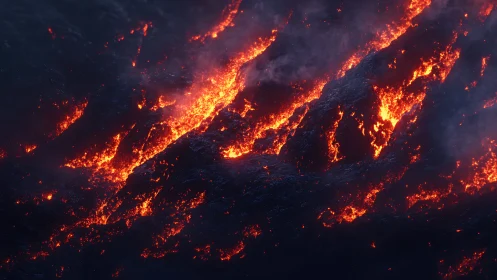 Lava flows traverse dark volcanic terrain at night.