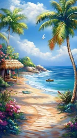 Tropical shore path curves toward luminous turquoise bay.