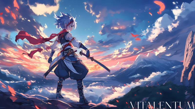 Skyline duelist steadies twin blades above burning clouds