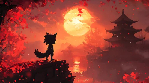 Fox under moonlit petals beside a glowing riverside temple.