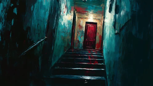Dark stairwell with red door and smeared floor stains.