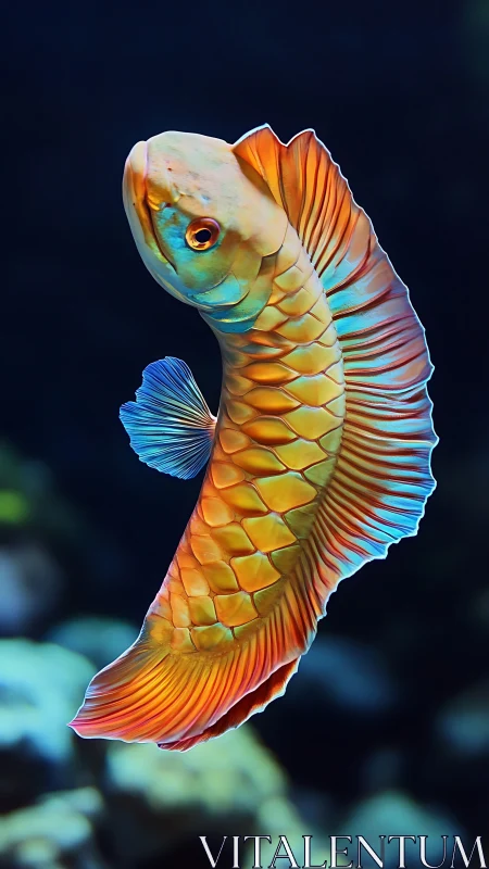 Vibrant golden arowana arches gracefully in deep blue water
