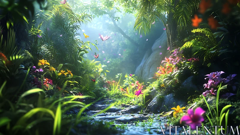 Sunlit jungle stream invites butterflies to paint the air