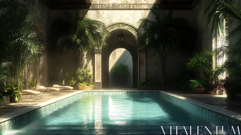 Sunlit courtyard pool beneath lush tropical palms at noon.