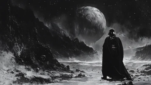 Dark wanderer studies a haunted moonlit wasteland