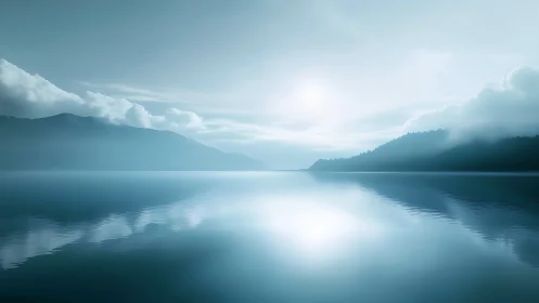 Whispering horizon over glassy blue lake in soft fog.