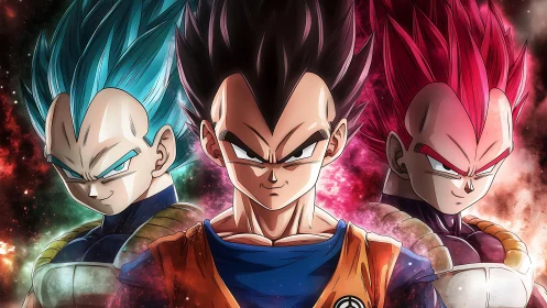 Triple warrior portrait with evolving hair color forms.