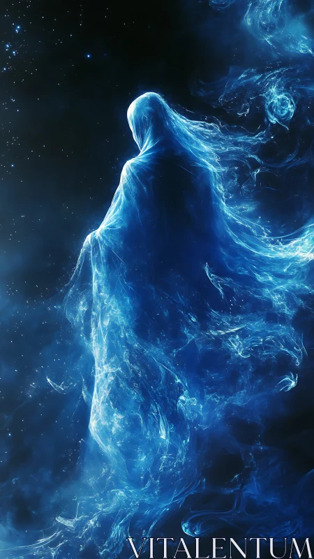 Ethereal blue spirit drifts through a silent cosmic void