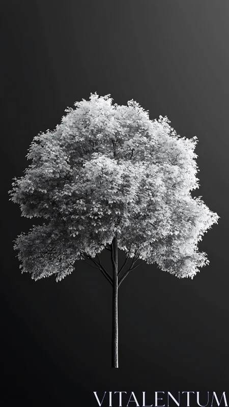 Lone monochrome tree floating in a charcoal twilight void.