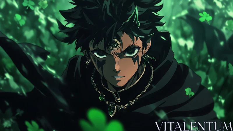 Clover-lit sorcerer carves through emerald shadowed wind