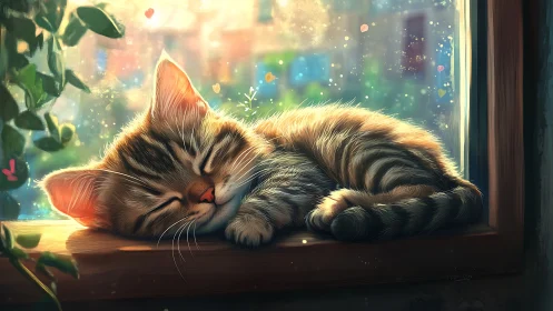 Tabby cat sleeping on window sill with magical bokeh background