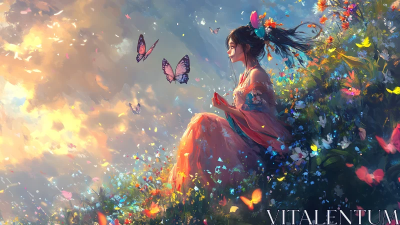 Digital painting of serene girl amid luminous butterflies.