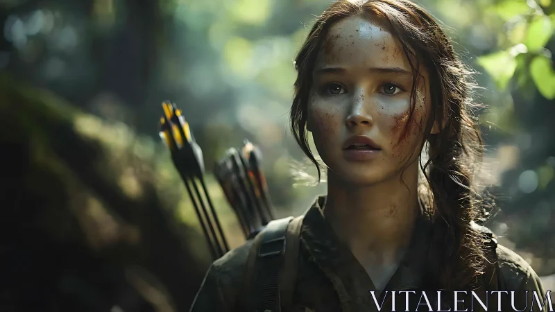 Young archer in forest with quiver and dirt marked face.