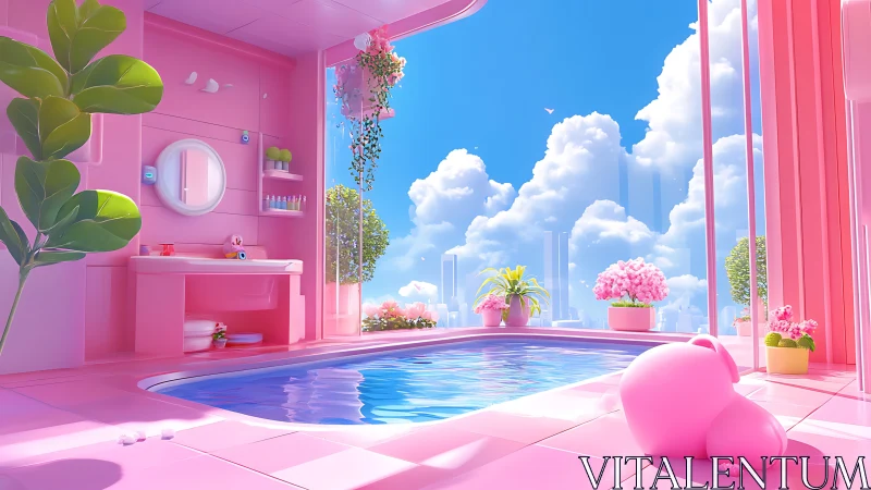Dreamy pink indoor pool with sky-view balcony retreat.