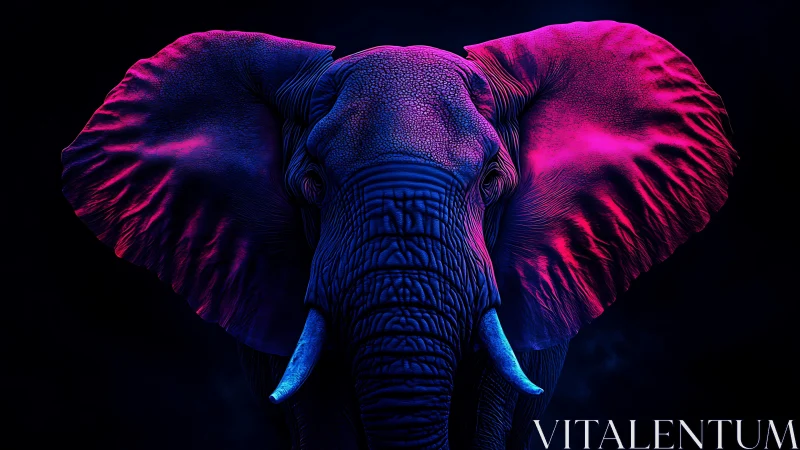 Neon lit elephant portrait shows bilateral ear illumination