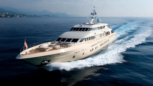 Luxury motor yacht cuts across calm open sea at speed