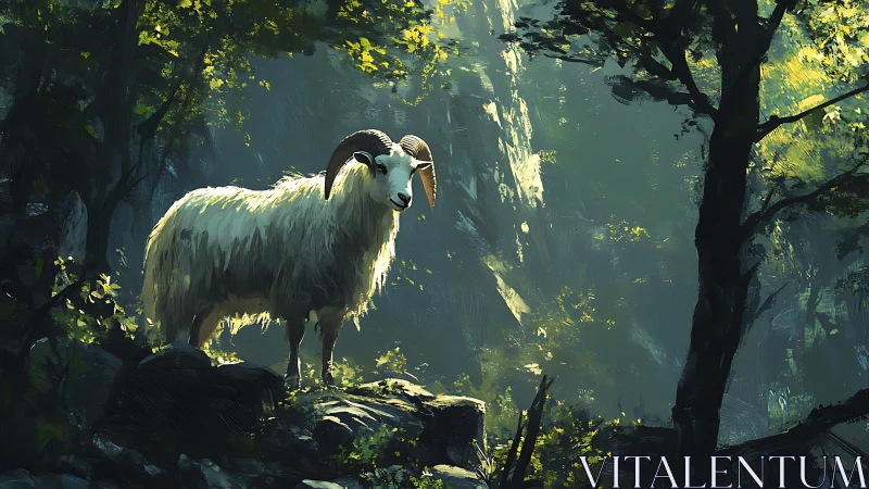 Mountain ram stands in dappled forest light rendered in loose brushwork