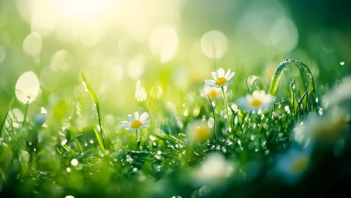Daisies in wet green grass under soft morning sunlight.