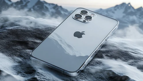 Silver iPhone Pro Gleaming Against Alpine Peaks.