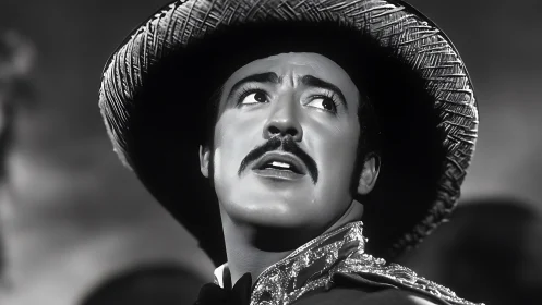 Black and white charro portrait with dramatic gaze.