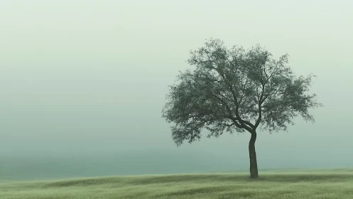 Gentle lone tree resting softly in a calm misty meadow.