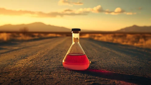 Sunset laboratory flask rests on an empty desert road