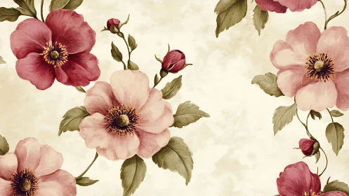 Botanical Floral Composition with Rose Blooms and Buds.