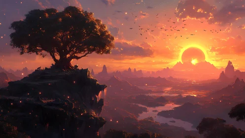Sunlit dreamscape with ancient tree above glowing valleys.