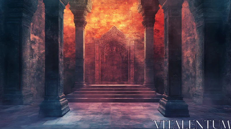 Ancient fiery throne hall glows with mystical crimson light