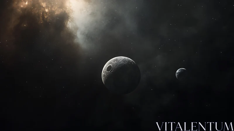 Massive artificial moon drifts near smaller planet in deep space