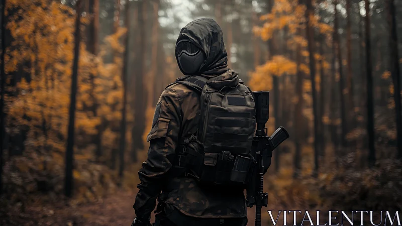 Armed tactical figure walking through autumn forest path.