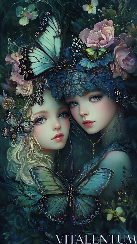 Moonlit butterfly sisters dream quietly inside wild blooms
