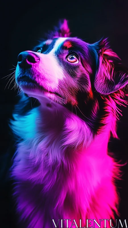 Neon rim-lit canine portrait in high-contrast photorealism.