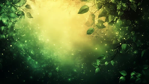 Glowing forest leaves drift gently around soft golden light