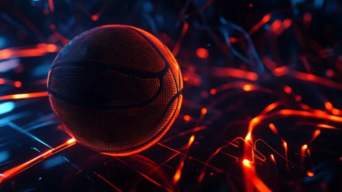 Neon basketball sphere glows amid dynamic cyber light grid.