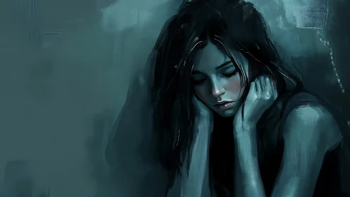 Somber blue portrait of pensive woman in painterly shadows.