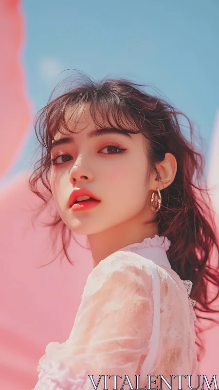 Soft pink portrait captures dreamy gaze beneath clear sky.