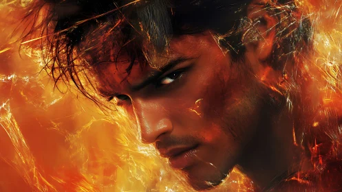 Intense male portrait surrounded by swirling fiery energy.