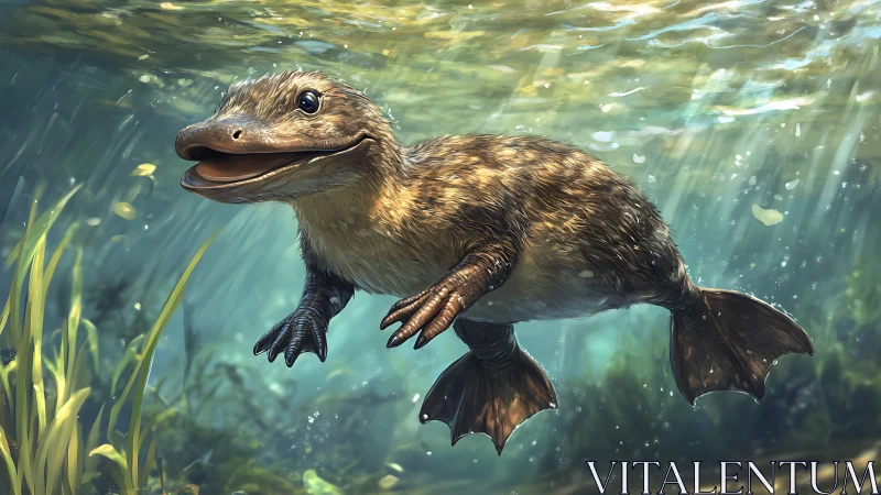 Juvenile semi-aquatic dinosaur swims through dappled light