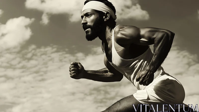 Sprinter powers forward under dramatic cloudy sky.