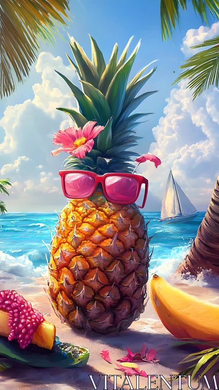 Pineapple wears pink sunglasses on sunny tropical beach