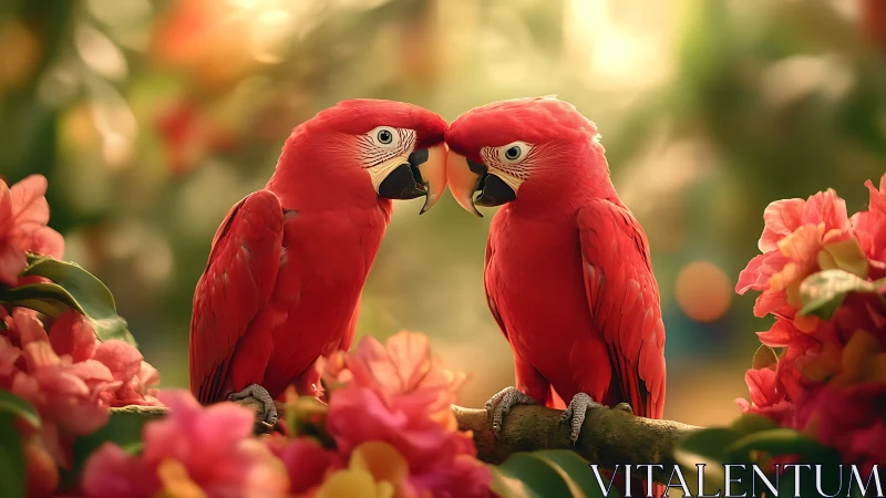 Vibrant red parrots on a branch surrounded by tropical flowers, soft light.