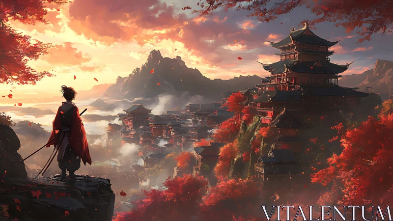 Samurai overlooks autumnal mountain city at sunrise.