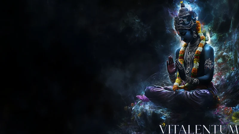 Divine blue deity in cosmic meditative stillness.