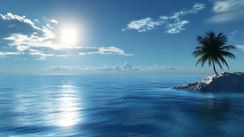 Tropical Island Paradise: Solitary Palm Under Meridian Sun.