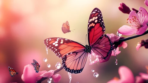 Blossom-bright monarchs sip light from drifting petals